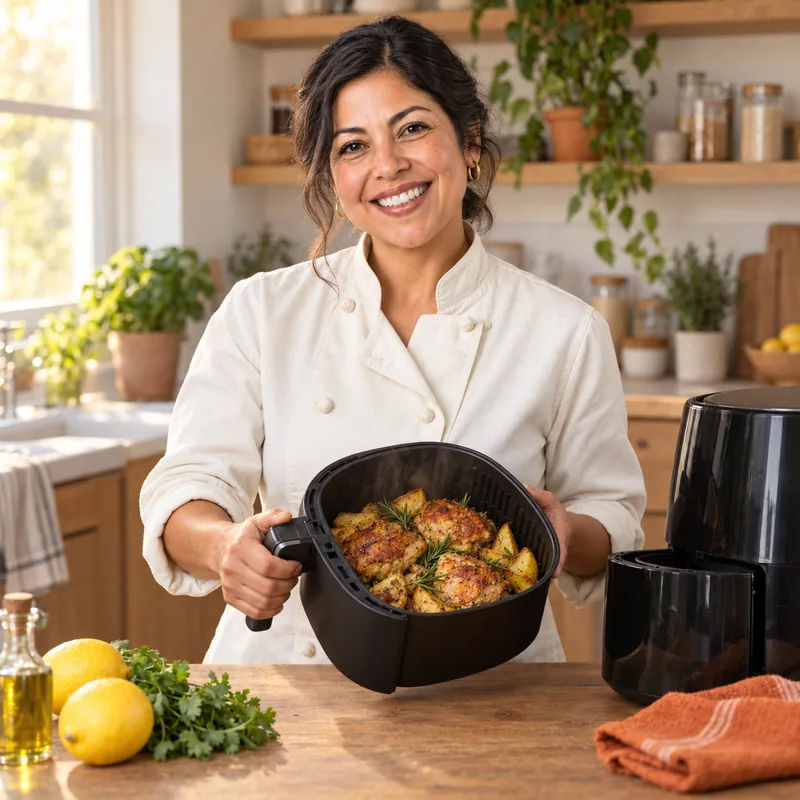 Chef Valeria Ríos mostrando pollo dorado con papas en la canasta de la freidora de aire
