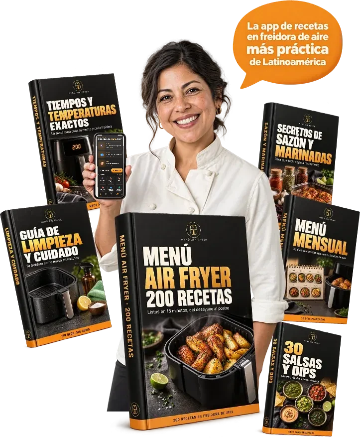 Chef Valeria Ríos con la app Menú Air Fryer y todos los materiales