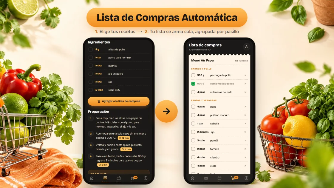 Lista de compras automática: eliges las recetas y la app arma tu lista del súper