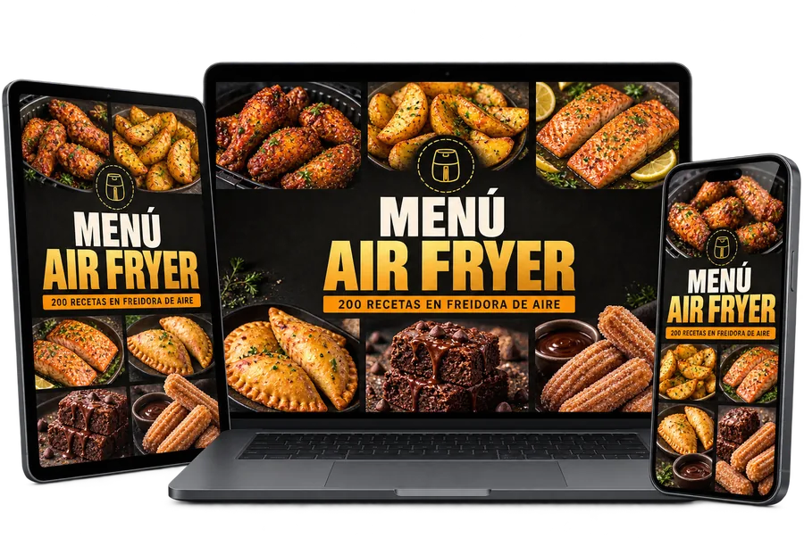 Menú Air Fryer en celular y computadora con todo el material