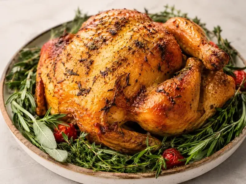 Pollo entero dorado a las hierbas